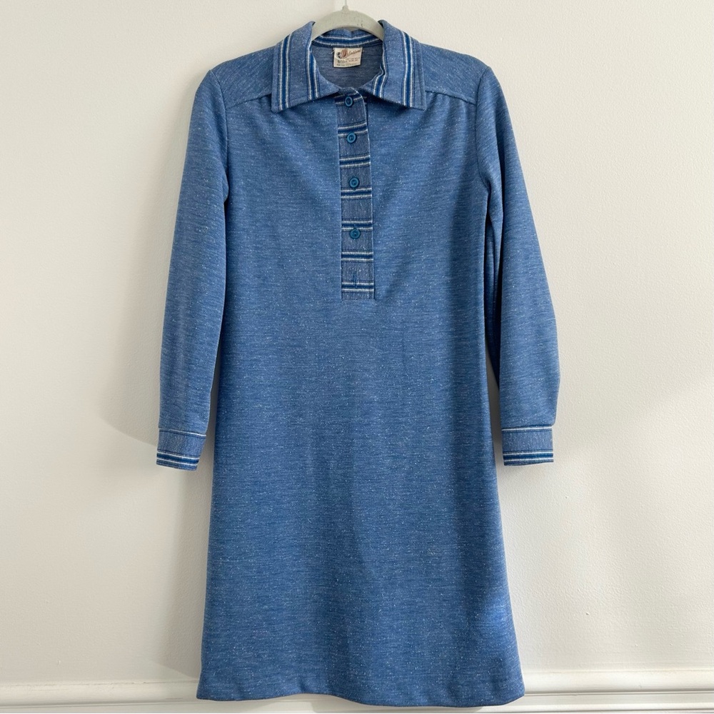Vintage Americana Collared Knit Dress in Blue sz 9/10 Long Sleeves Half-Button